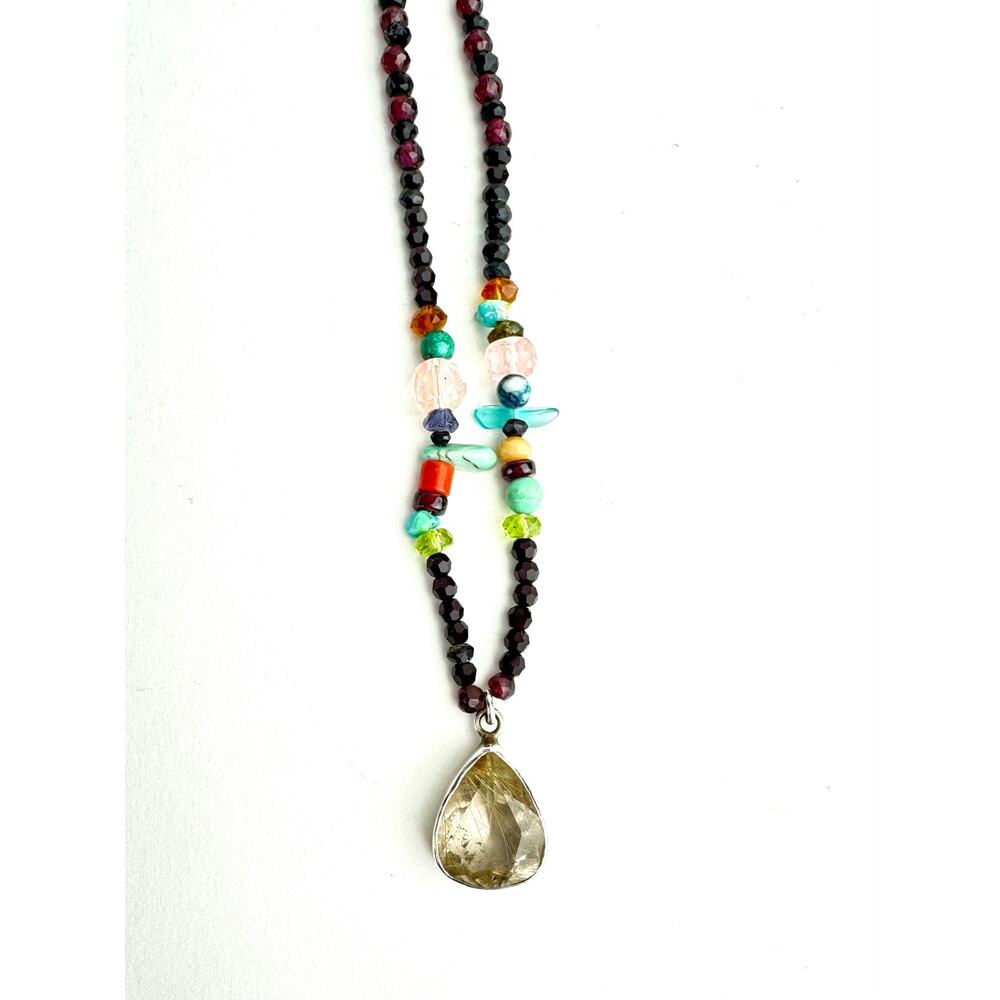 Golden Rutile Quartz Pendant Garnet Turquoise Coral Black Spinel Beaded Neckace